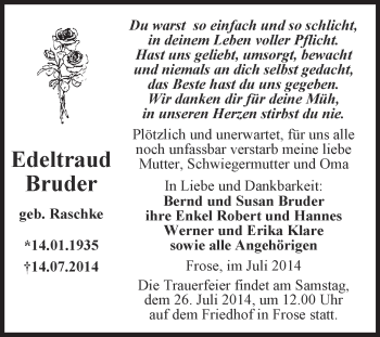 Traueranzeige von Edeltraud Bruder von Super Sonntag Aschersleben