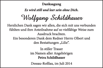 Traueranzeige von Wolfgang Schildhauer von Super Sonntag Dessau / Köthen