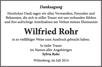 Traueranzeige von Wilfried Rohr von Super Sonntag Wittenberg