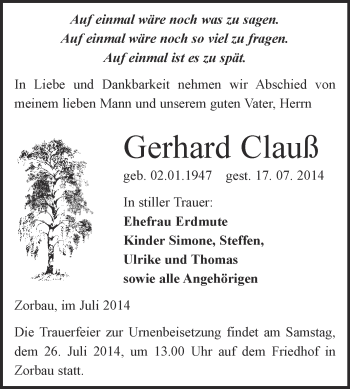 Traueranzeige von Gerhard Clauß von Super Sonntag Merseburg