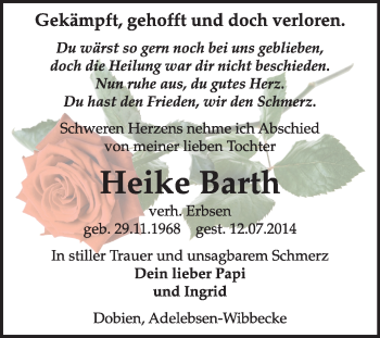 Traueranzeige von Heike Barth von Super Sonntag Wittenberg