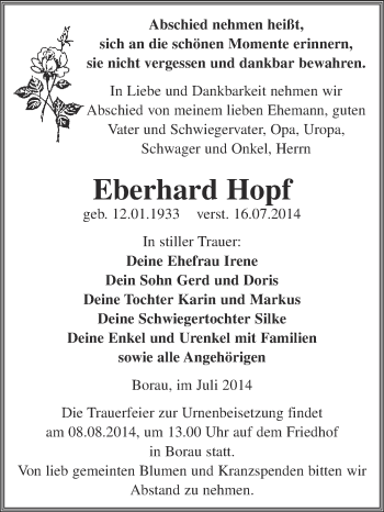 Traueranzeige von Eberhard Hopf von WVG - Wochenspiegel NMB / WSF / ZTZ