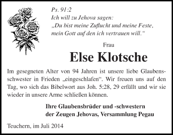 Traueranzeige von Else Klotsche von WVG - Wochenspiegel NMB / WSF / ZTZ