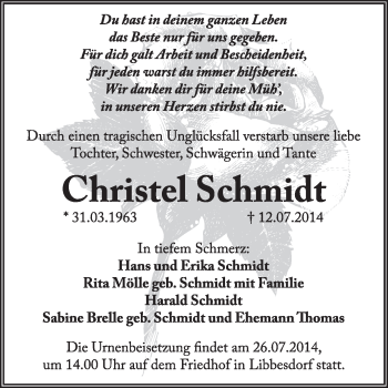 Traueranzeige von Christel Schmidt von Super Sonntag Dessau / Köthen