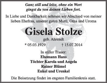 Traueranzeige von Gisela Stolze von Super Sonntag Dessau / Köthen