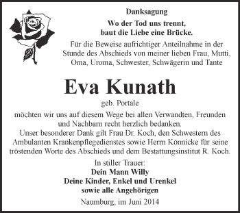 Traueranzeige von Eva Kunath von WVG - Wochenspiegel NMB / WSF / ZTZ