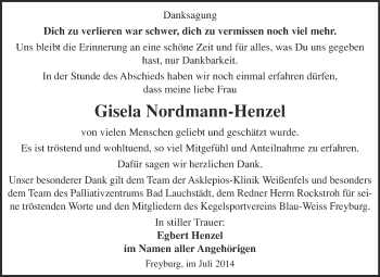 Traueranzeige von Gisela Nordmann-Henzel von WVG - Wochenspiegel NMB / WSF / ZTZ