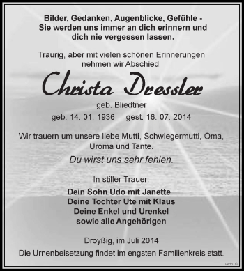Traueranzeige von Christa Dressler von Super Sonntag Zeitz