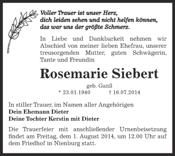 Traueranzeige von Rosemarie Siebert von Super Sonntag Bernburg