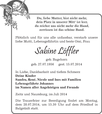 Traueranzeige von Sabine Löffler von Super Sonntag Zeitz