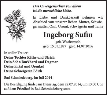 Traueranzeige von Ingeborg Sufin von WVG - Wochenspiegel Wittenberg