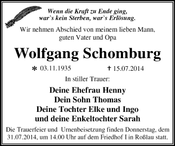 Traueranzeige von Wolfgang Schomburg von Super Sonntag Dessau / Köthen