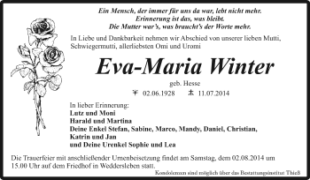 Traueranzeige von Eva-Maria Winter von Super Sonntag Quedlinburg