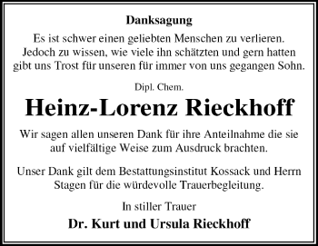 Traueranzeige von Heinz-Lorenz Rieckhoff von Super Sonntag Dessau / Köthen