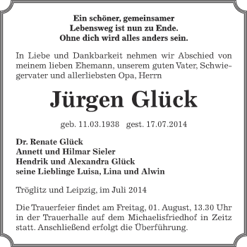 Traueranzeige von Jürgen Glück von Super Sonntag Zeitz
