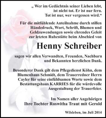 Traueranzeige von Henny Schreiber von WVG - Wochenspiegel Quedlinburg