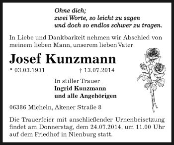 Traueranzeige von Josef Kunzmann von Super Sonntag Bernburg