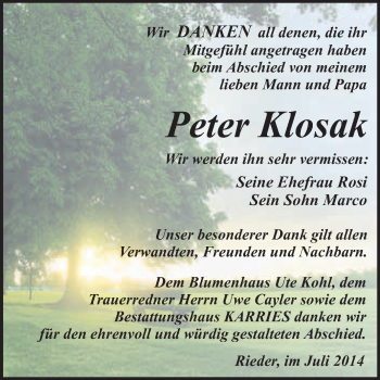 Traueranzeige von Peter Klosak von WVG - Wochenspiegel Quedlinburg