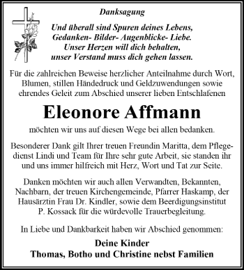 Traueranzeige von Eleonore Affmann von Super Sonntag Dessau / Köthen