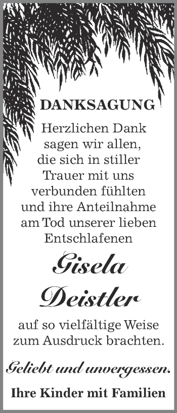 Traueranzeige von Gisela Deistler von Super Sonntag Bernburg