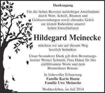 Traueranzeige von Hildegard Meinecke von WVG - Wochenspiegel Quedlinburg