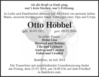 Traueranzeige von Otto Höbbel von WVG - Wochenspiegel Quedlinburg