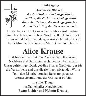 Traueranzeige von Alice Krause von WVG - Wochenspiegel Quedlinburg