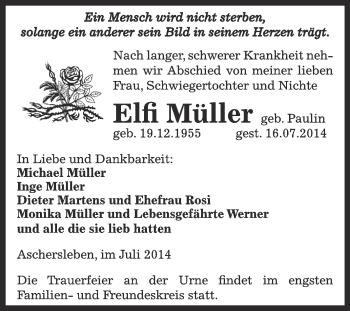 Traueranzeige von Elfi Müller von WVG - Wochenspiegel Aschersleben