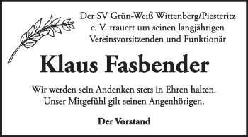 Traueranzeige von Klaus Fasbender von Super Sonntag Wittenberg
