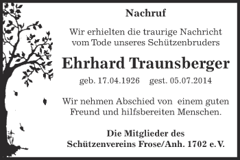 Traueranzeige von Ehrhard Traunsberger von WVG - Wochenspiegel Aschersleben