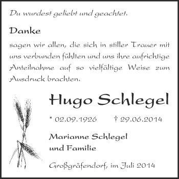 Traueranzeige von Hugo Schlegel von Super Sonntag Merseburg