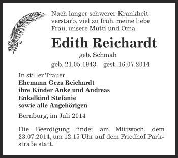 Traueranzeige von Edith Reichardt von Super Sonntag Bernburg
