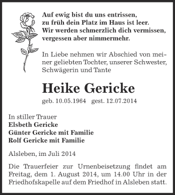 Traueranzeige von Heike Gericke von Super Sonntag Bernburg