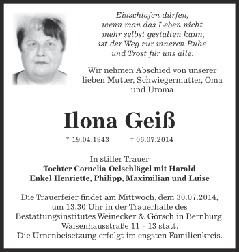 Traueranzeige von Ilona Geiß von Super Sonntag Bernburg
