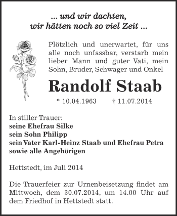Traueranzeige von Randolf Staab von Wochenspiegel Mansfelder Land