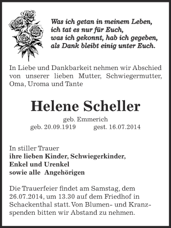 Traueranzeige von Helene Scheller von Super Sonntag Aschersleben