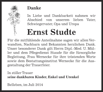 Traueranzeige von Ernst Studte von Super Sonntag Bernburg