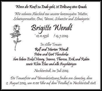 Traueranzeige von Brigitte Wendt von WVG - Wochenspiegel Aschersleben