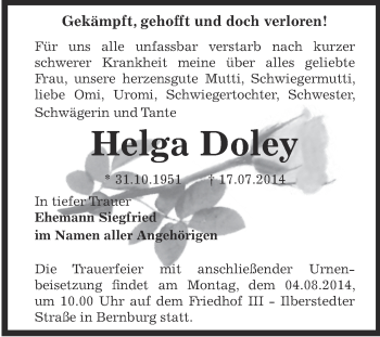 Traueranzeige von Helga Doley von Super Sonntag Bernburg