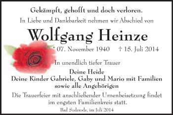 Traueranzeige von Wolfgang Heinze von WVG - Wochenspiegel Quedlinburg