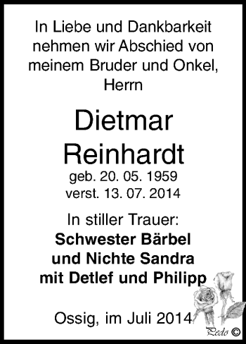 Traueranzeige von Dietmar Reinhardt von Super Sonntag Zeitz