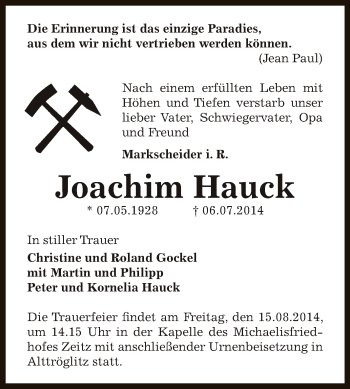 Traueranzeige von Joachim Hauck von Super Sonntag Zeitz