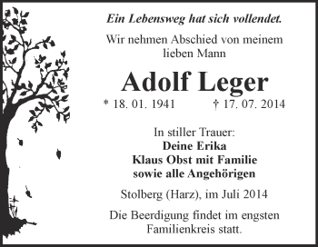 Traueranzeige von Adolf Leger von Super Sonntag Merseburg