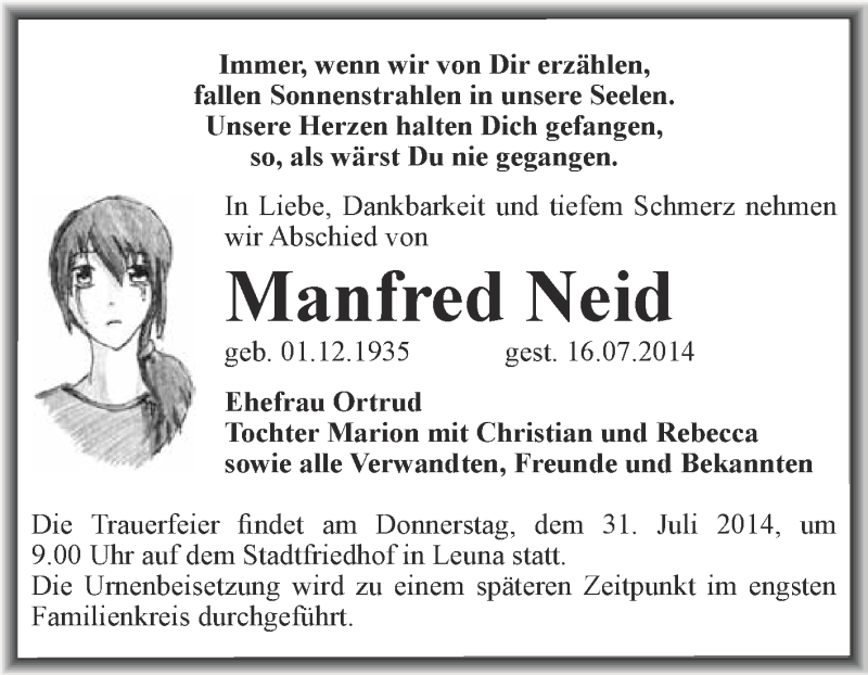  Traueranzeige für Manfred Neid vom 23.07.2014 aus WVG - Wochenspiegel Merseburg