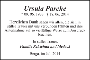 Traueranzeige von Ursula Parche von Super Sonntag SGH Mansf. Land