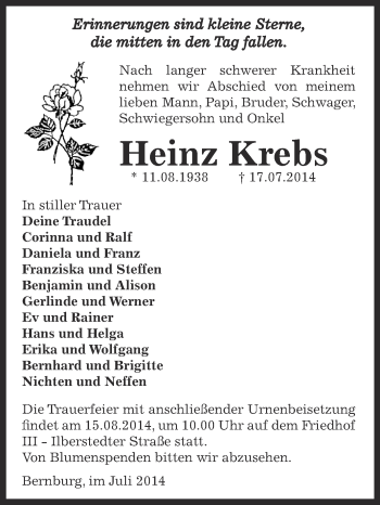 Traueranzeige von Heinz Krebs von Super Sonntag Bernburg