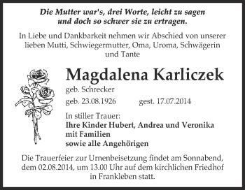 Traueranzeige von Magdalena Karliczek von Super Sonntag Merseburg