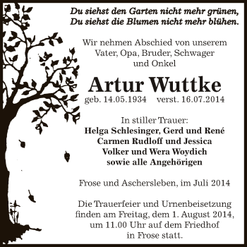 Traueranzeige von Artur Wuttke von WVG - Wochenspiegel Aschersleben