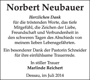 Traueranzeige von Norbert Neubauer von Super Sonntag Dessau / Köthen