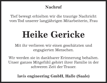 Traueranzeige von Heike Gericke von Super Sonntag Bernburg